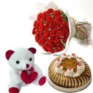 50 Red Carnations Butter Scotch Cake & a Teddy